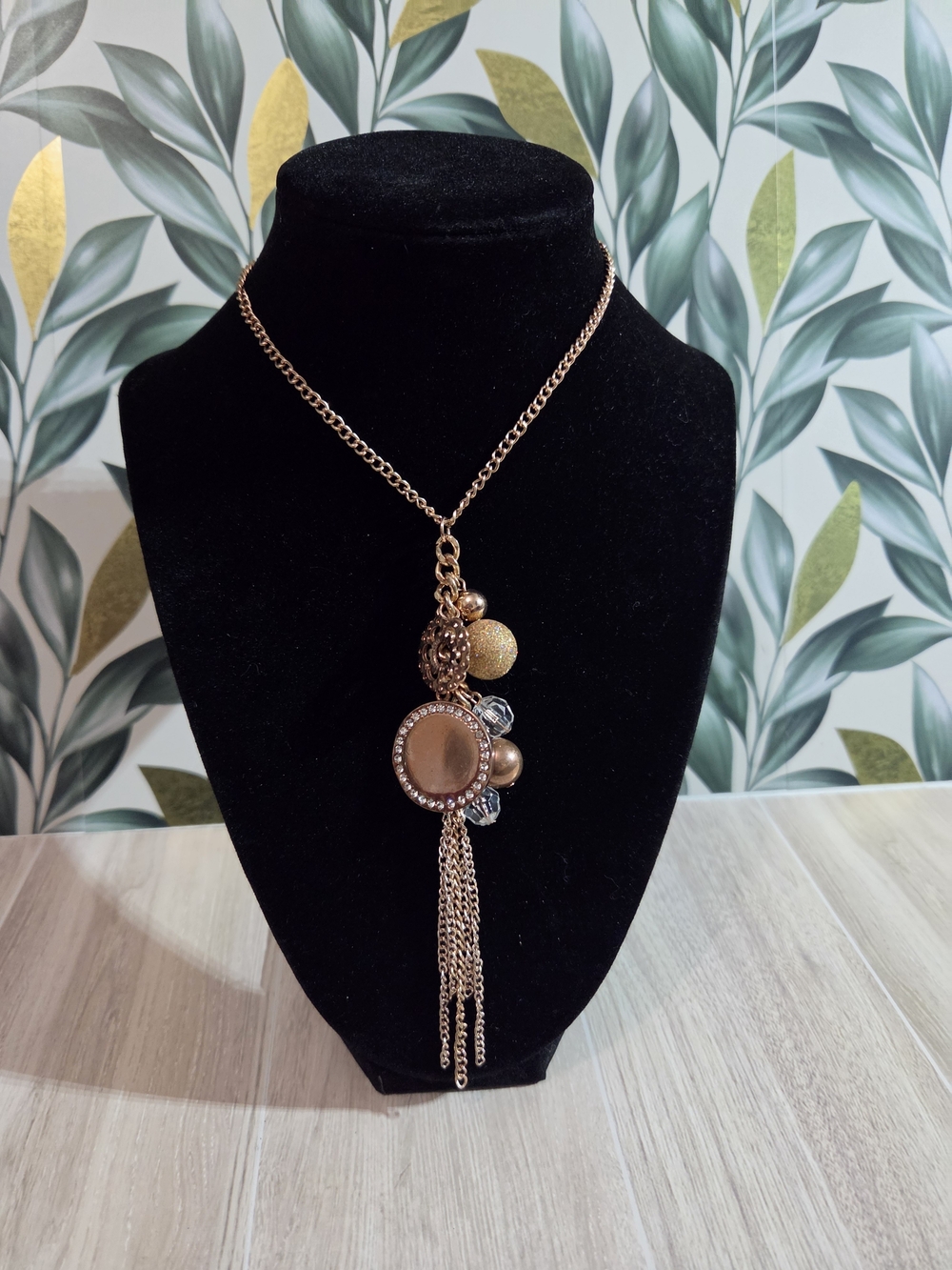 Rose Gold Tone Multi Charm Tassel Cluster Statement Necklace 18"